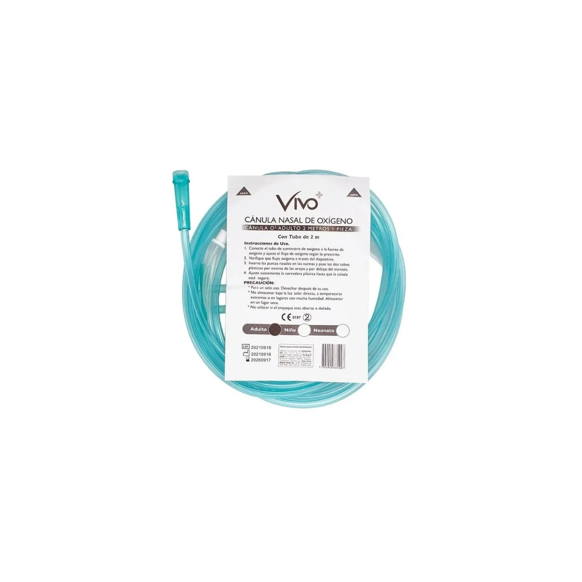 Canula nasal de oxígeno para adulto, marca VIVO+, modelo de 2 metros, color transparente, con conectores ajustables.