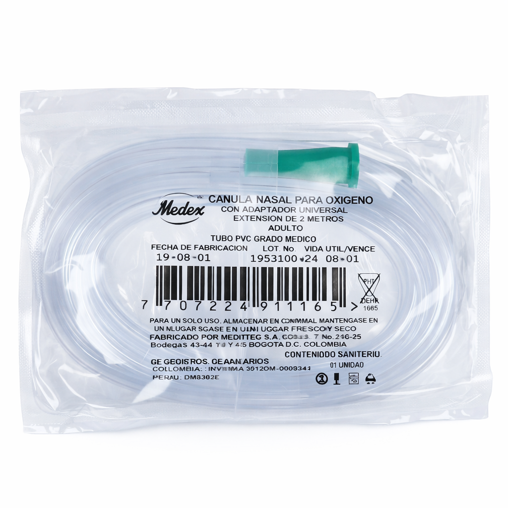 Cánula nasal para oxígeno MEDITEC ET-DP03-07, tubo de PVC transparente de 2 m con puntas nasales, diseño ergonómico para oxigenación.