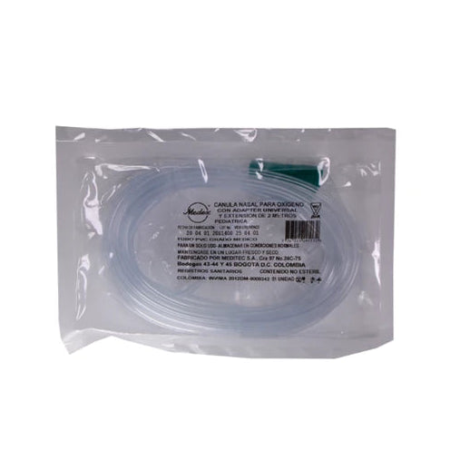 Canula de oxígeno pediátrica Meditec, modelo de alta flujo, en color blanco, diseñada para uso clínico en pacientes infantiles.