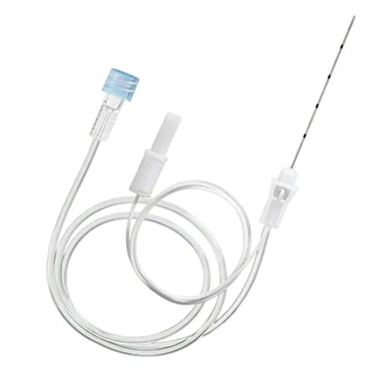 Canula Stimulex G-22 de 50 mm, fabricada en acero inoxidable, con acabado pulido y diseño ergonómico para uso médico.