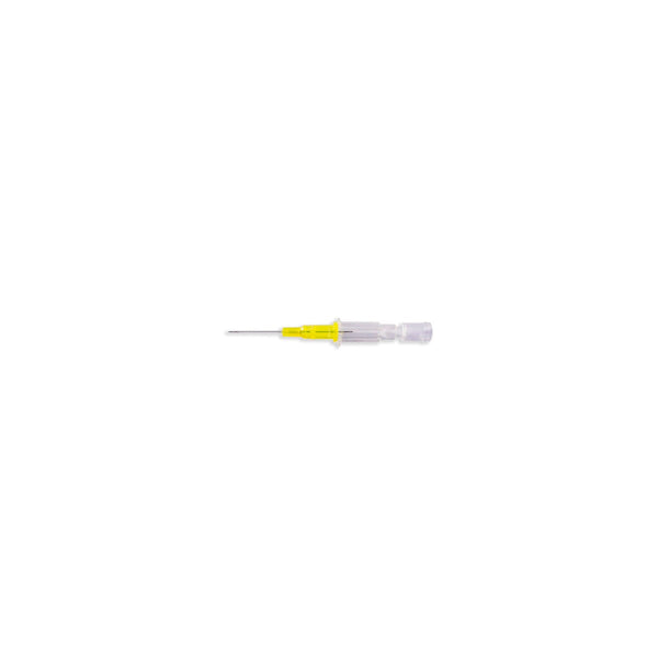 Catéter intravenoso 24G de 19 mm, marca Life Care, color transparente, con conector luer y empaque individual estéril.