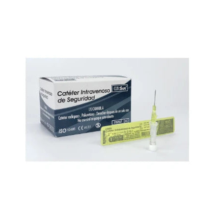 Catéter Intravenoso de Seguridad Alfasafe 24G Amarillo de 19 mm, con diseño ergonómico y material plástico, sobre fondo blanco.