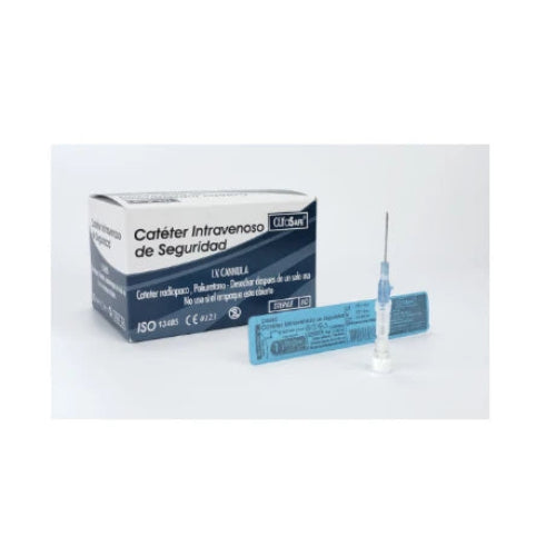 Catéter Intravenoso de Seguridad Azul 22G de Alfasafe, con diseño ergonómico y material plástico, presentado sobre fondo blanco.