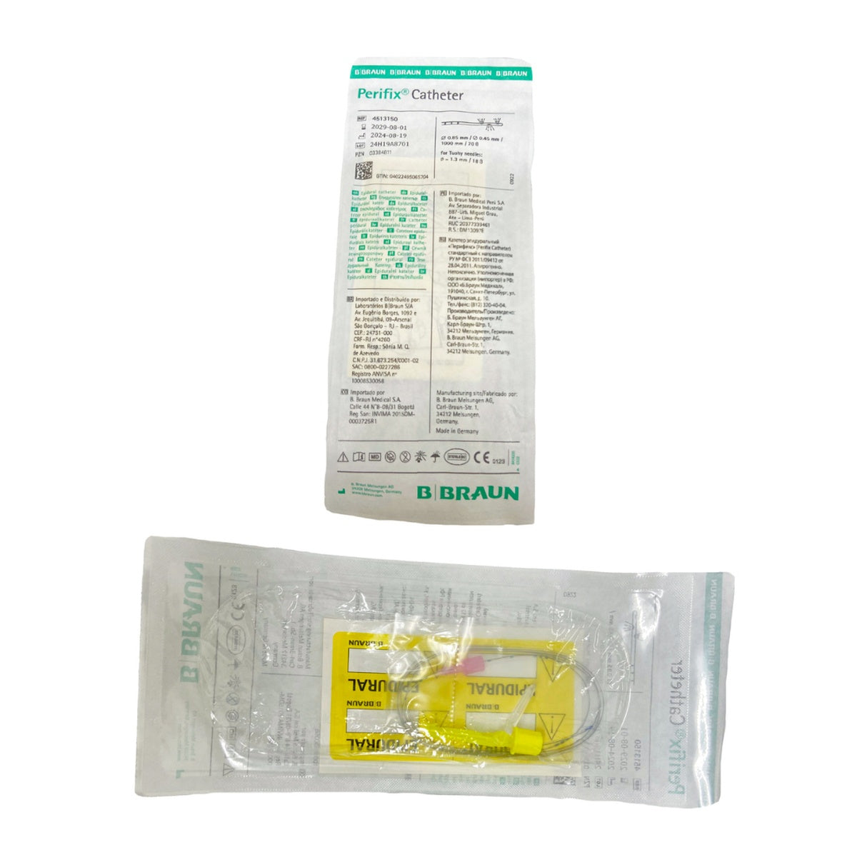 Catéter PERIFIX G-18, referencia 4513150, fabricado en acero inoxidable y polipropileno, con dimensiones de 0.85 x 0.45 x 1000 mm, diseñado para anestesia epidural.