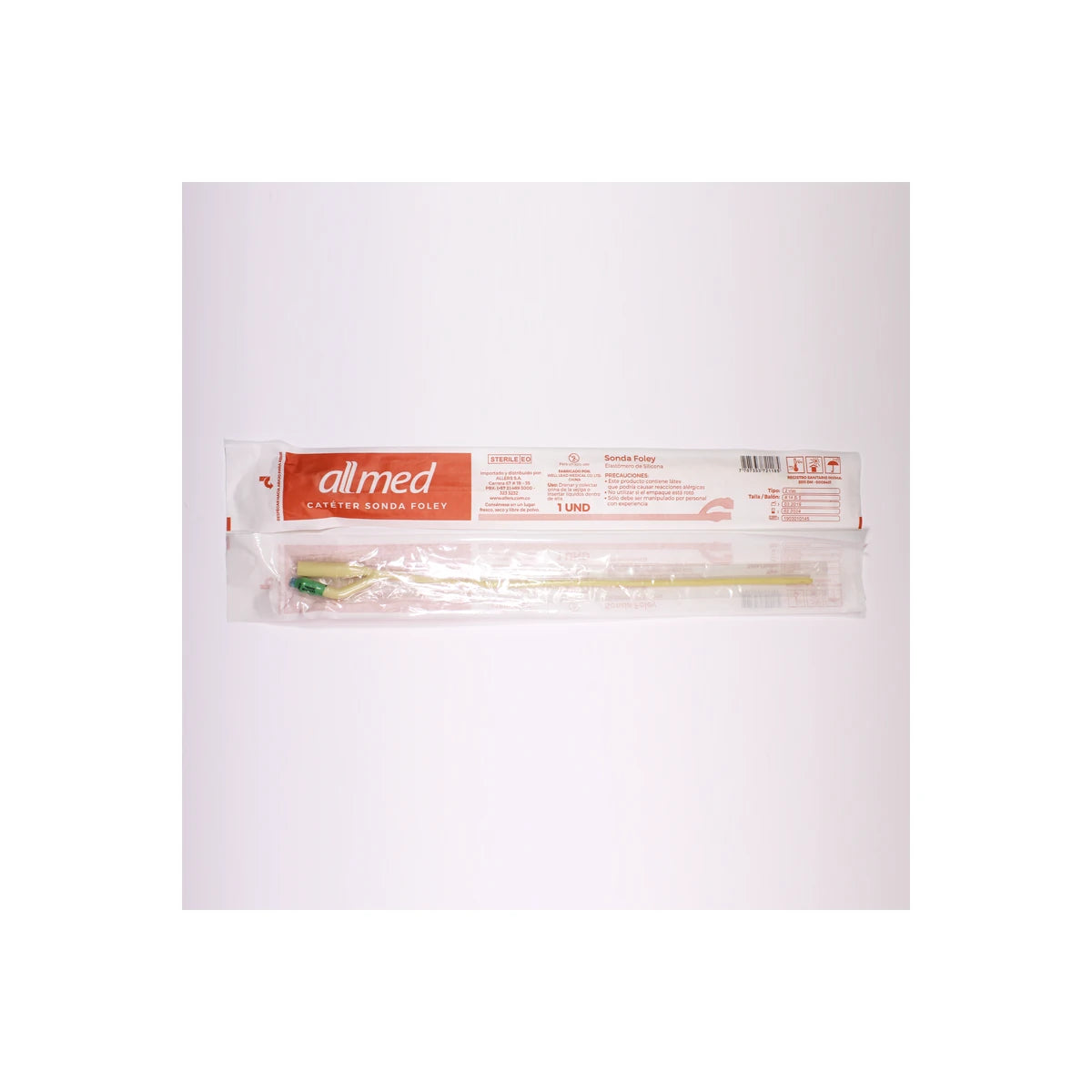 Catéter Sonda Foley #14 B.5 de Allmed, fabricado en látex, color beige, con conector y balón inflable para uso médico.