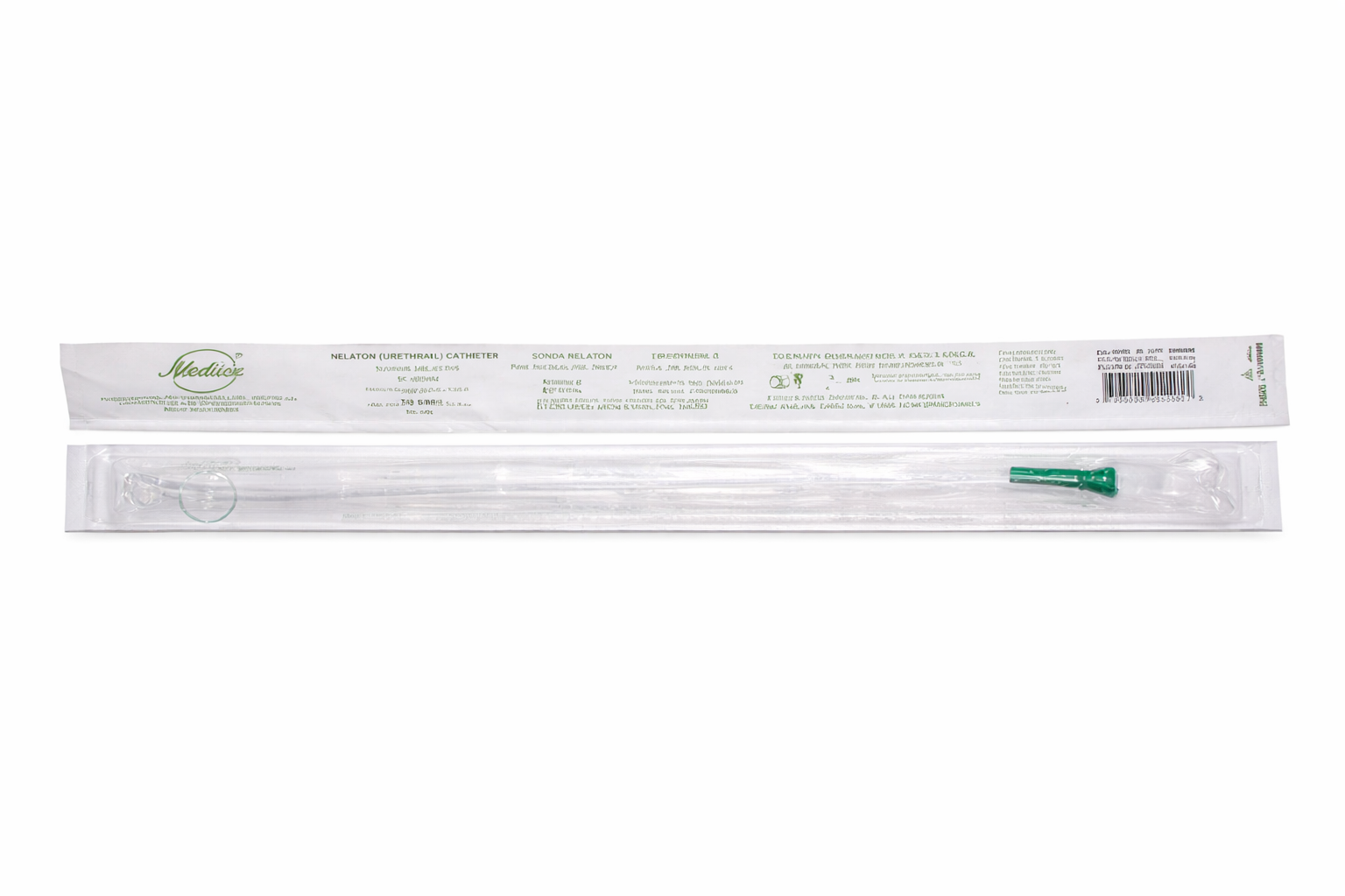 Sonda Nelaton #10 Meditec, tubo transparente de 40 cm con embudo verde, fabricada en PVC médico, libre de látex y DEHP.