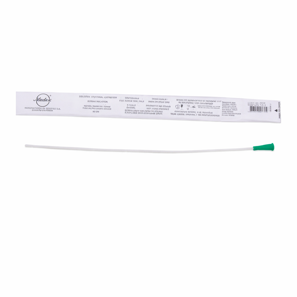 Sonda Nelaton #8 Meditec, tubo transparente de 40 cm, extremo cerrado y embudo verde con orificios, fabricada en PVC médico.