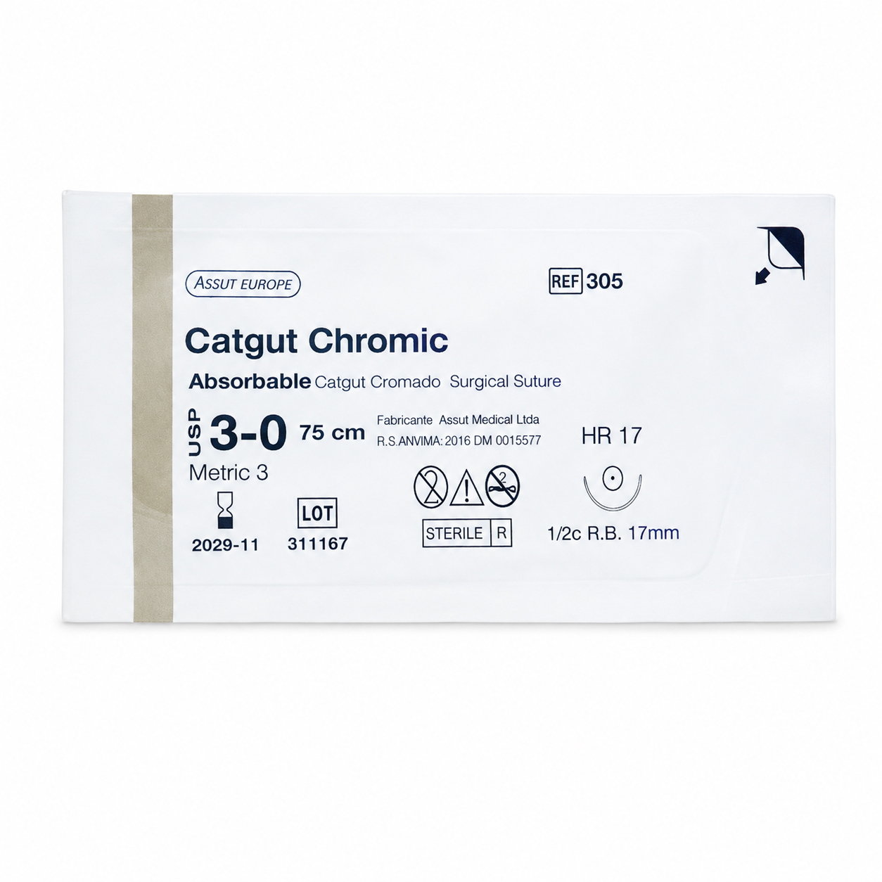 Catgut Cromado 3/0 Aguja 1/2" Cir. 17mm 75cm Ref. 305