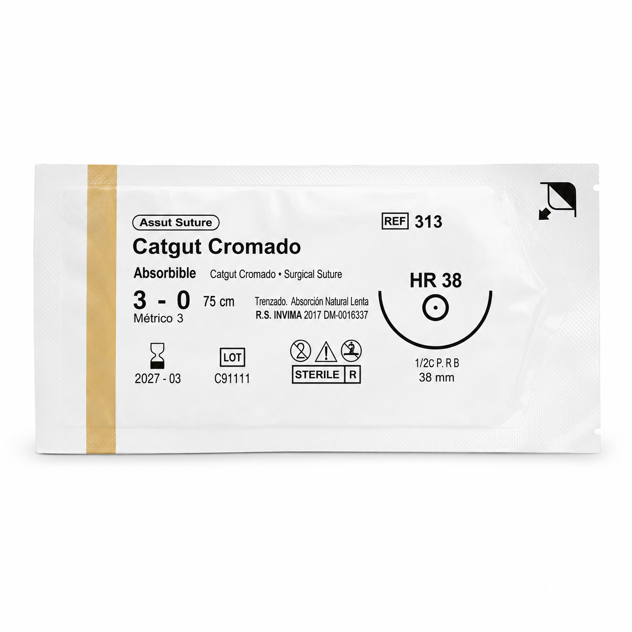 Catgut Cromado 3/0 Aguja 1/2" Círculo Redonda 38mm - Assut