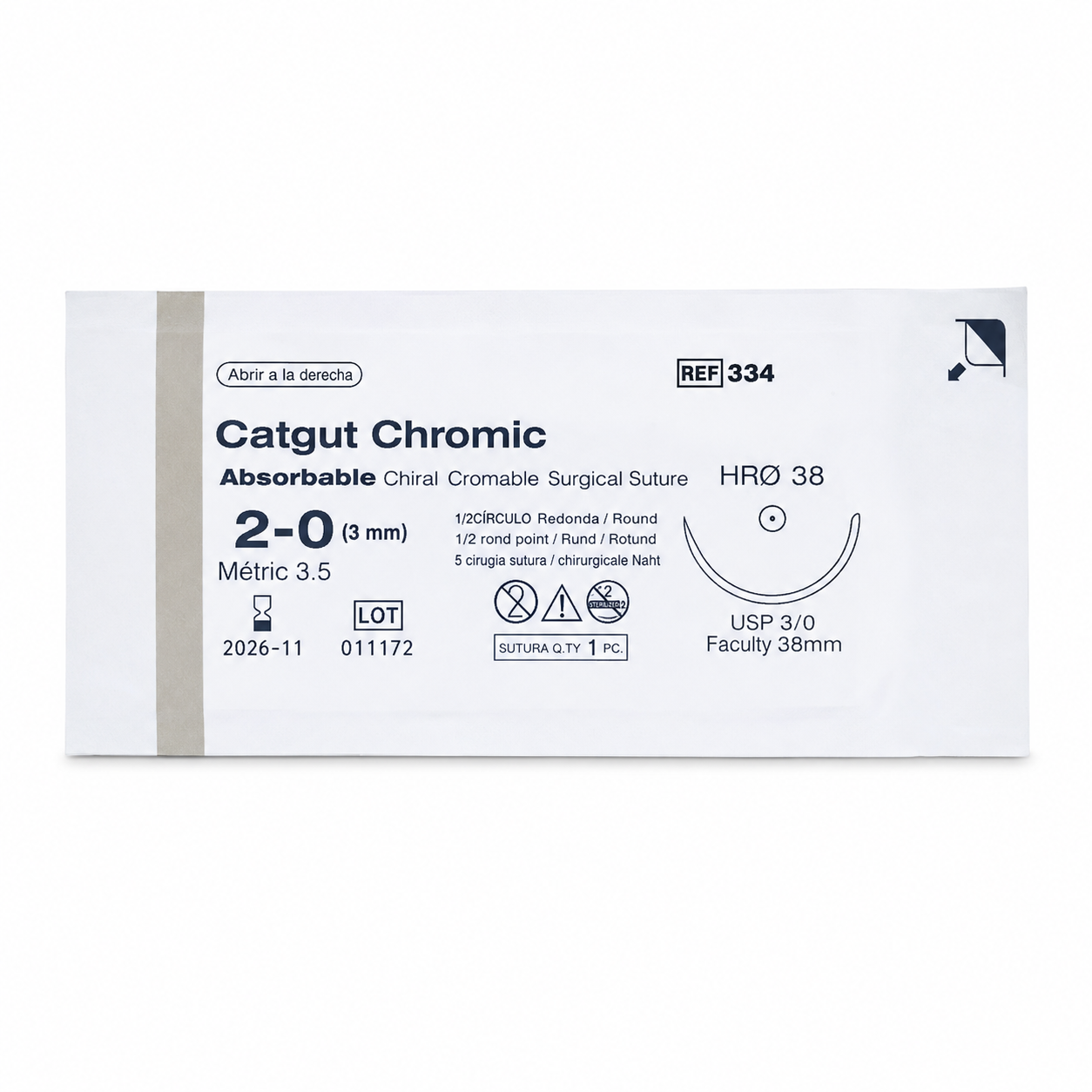 Catgut Cromado 2/0 Aguja 1/2 Cir. Redonda 38mm - Ref. 334