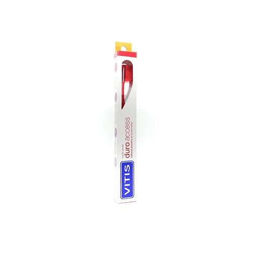 Cepillo dental Vitis Duro Access, color azul, con cerdas duras y mango ergonómico, ideal para limpieza dental efectiva.