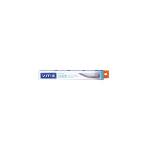 Cepillo dental Vitis Medio Access, color azul, con cerdas de nylon de dureza media y mango ergonómico para una limpieza eficaz.