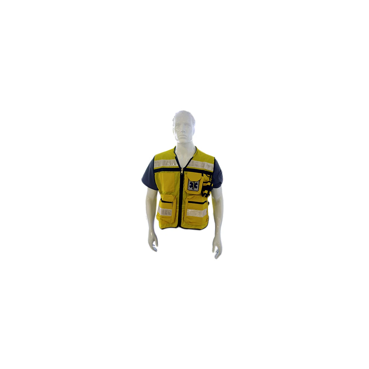 Chaleco amarillo de primeros auxilios VEST USA, modelo DY95444, fabricado en material resistente, con múltiples bolsillos y ajuste regulable.