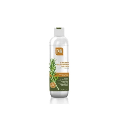 Champú de Romero y Quina de 250 ml, envase plástico transparente, líquido de color ámbar, tapa blanca, marca Pili Natural.