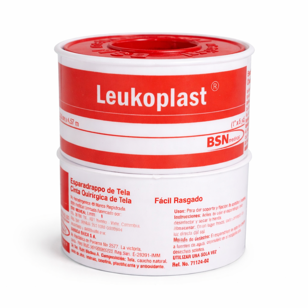 Cinta adhesiva médica Leukoplast de 1" x 5", color beige, con textura suave y alta adherencia, ideal para fijar apósitos.
