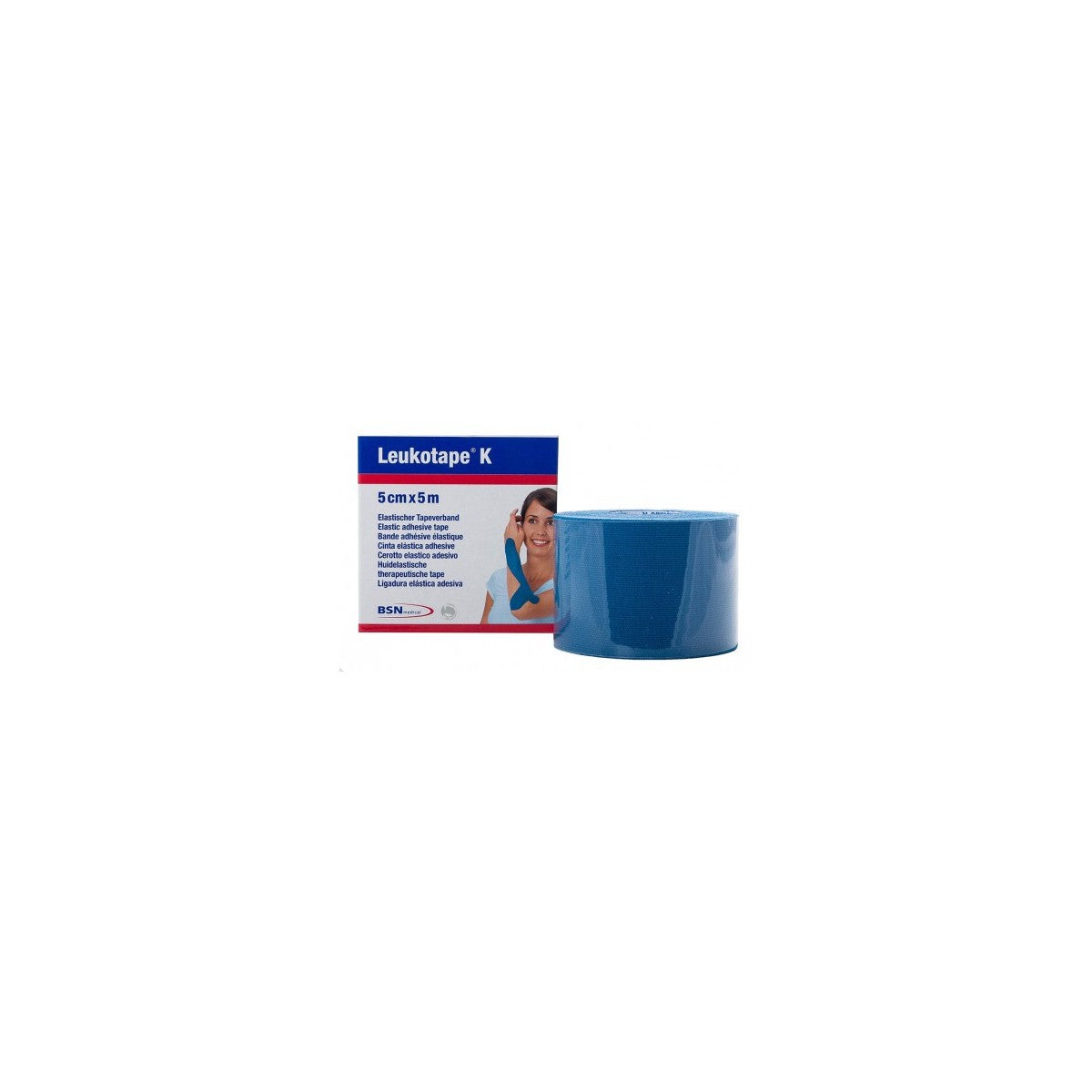 Cinta adhesiva médica Leukotape K de 5 cm x 5 m en color azul, ideal para vendajes y soporte en lesiones deportivas.
