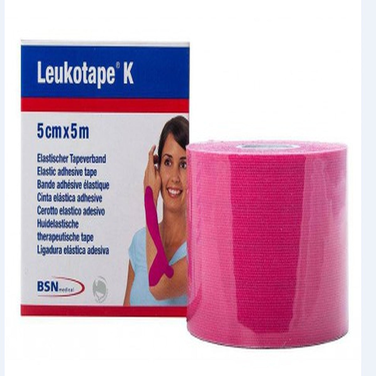 Cinta elástica adhesiva LEUKOTAPE K de 5 cm x 5 m, color rosado, fabricada en algodón/spandex, utilizada en tratamientos kinésicos.