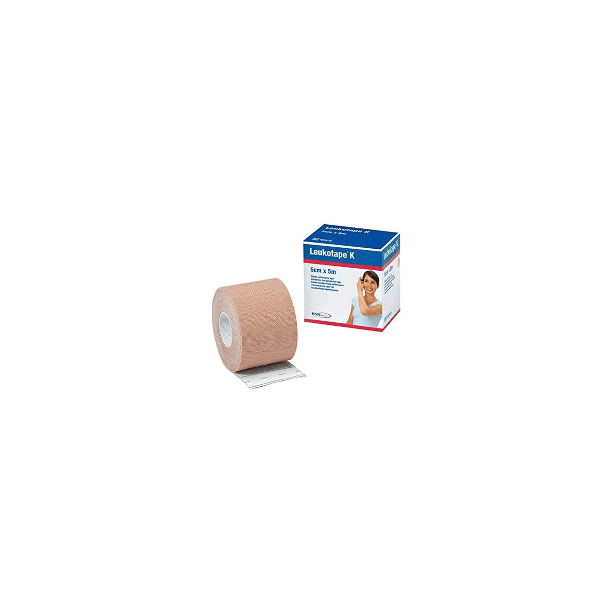 Cinta adhesiva médica Leukotape K de 5 cm de ancho y 5 metros de largo, color piel, ideal para vendajes y soporte en lesiones.