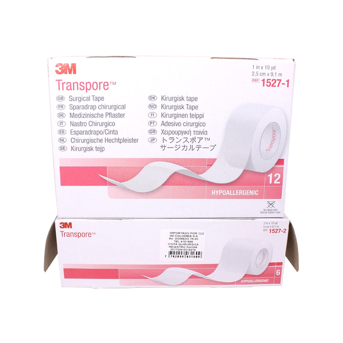 Cinta médica Transpore™ de 2" x 9.1 m, transparente, macro-perforada, hipoalergénica, diseñada para fijación de dispositivos médicos.