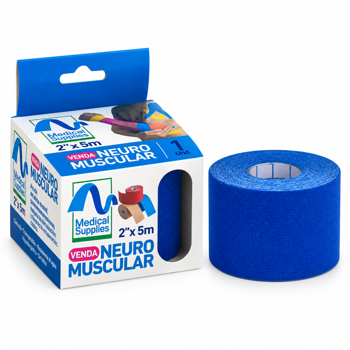 Cinta kinesiológica neuromuscular azul Medical Supplies de 2 x 5 metros para soporte de músculos y articulaciones.