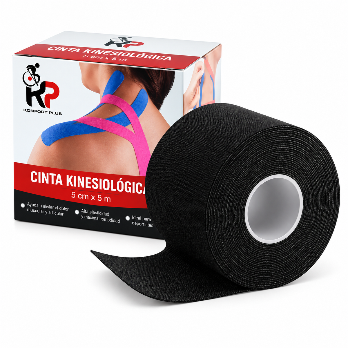 Cinta kinesiológica negra de 5 cm x 5 m, referencia KT-5X5-20, para soporte muscular y articular.