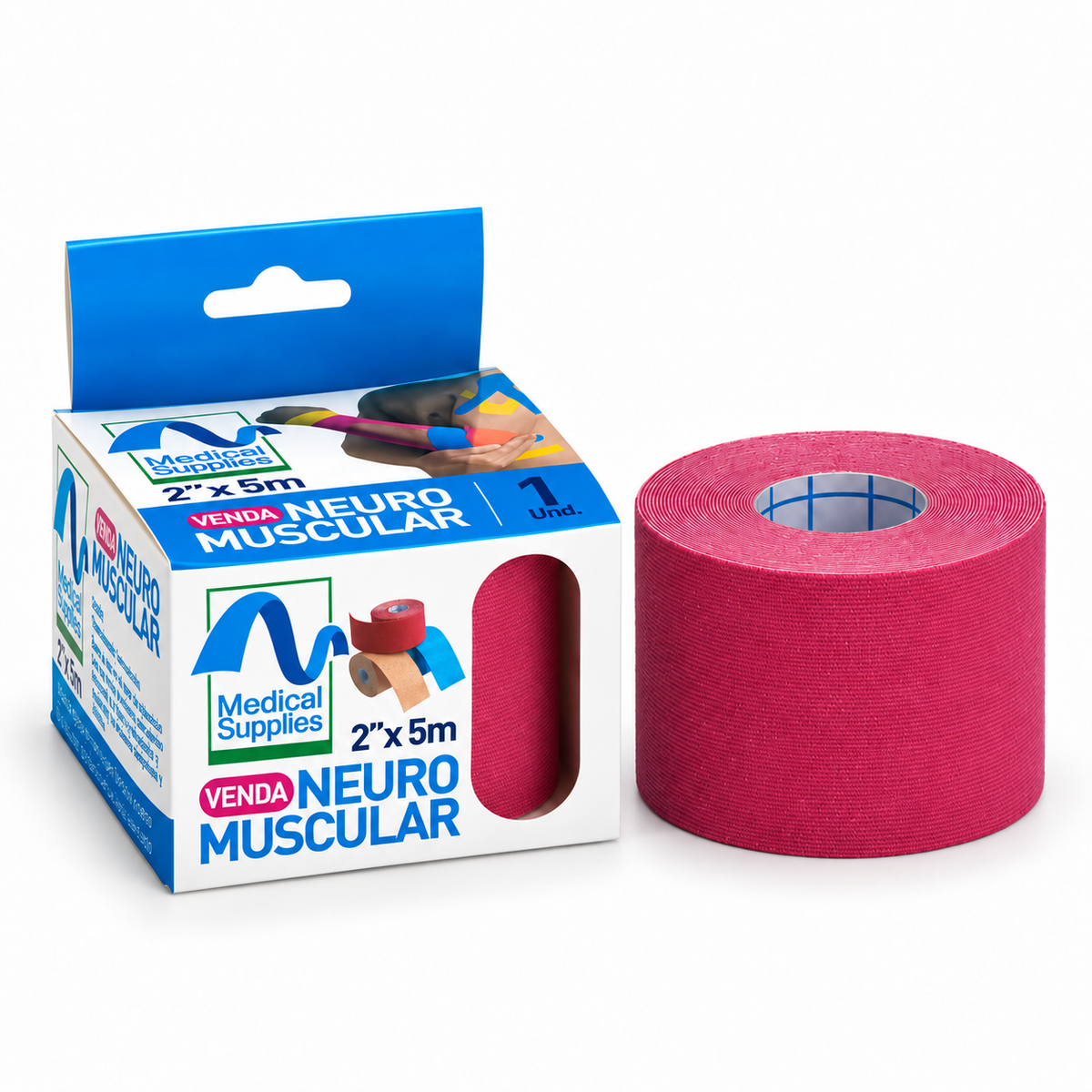 Cinta kinesiológica neuromuscular rosada Medical Supplies de 2 x 5 metros para soporte y estabilización muscular y articular.