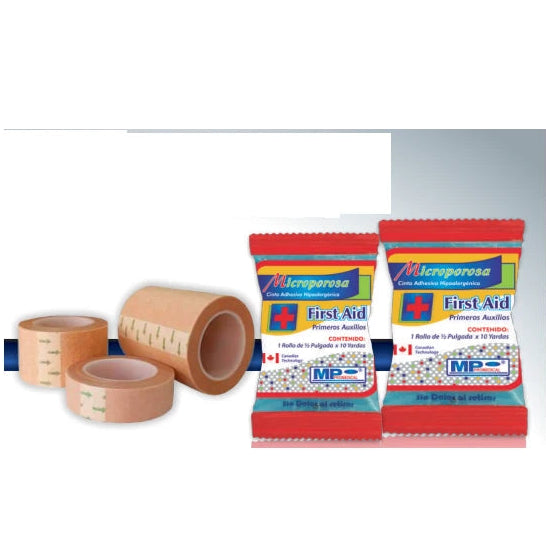 Cinta médica microporo de 2" x 10 yds, color piel, con alta adhesividad, ideal para fijación en piel sensible.