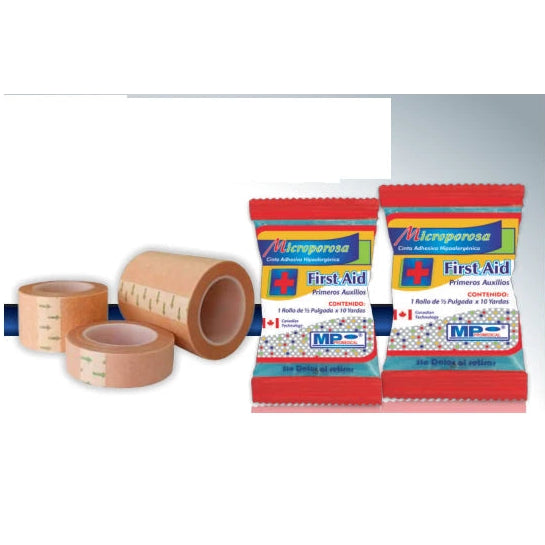 Cinta médica microporo de 2" x 10 yds, color piel, alta adhesividad, ideal para fijación de apósitos y protección de la piel.