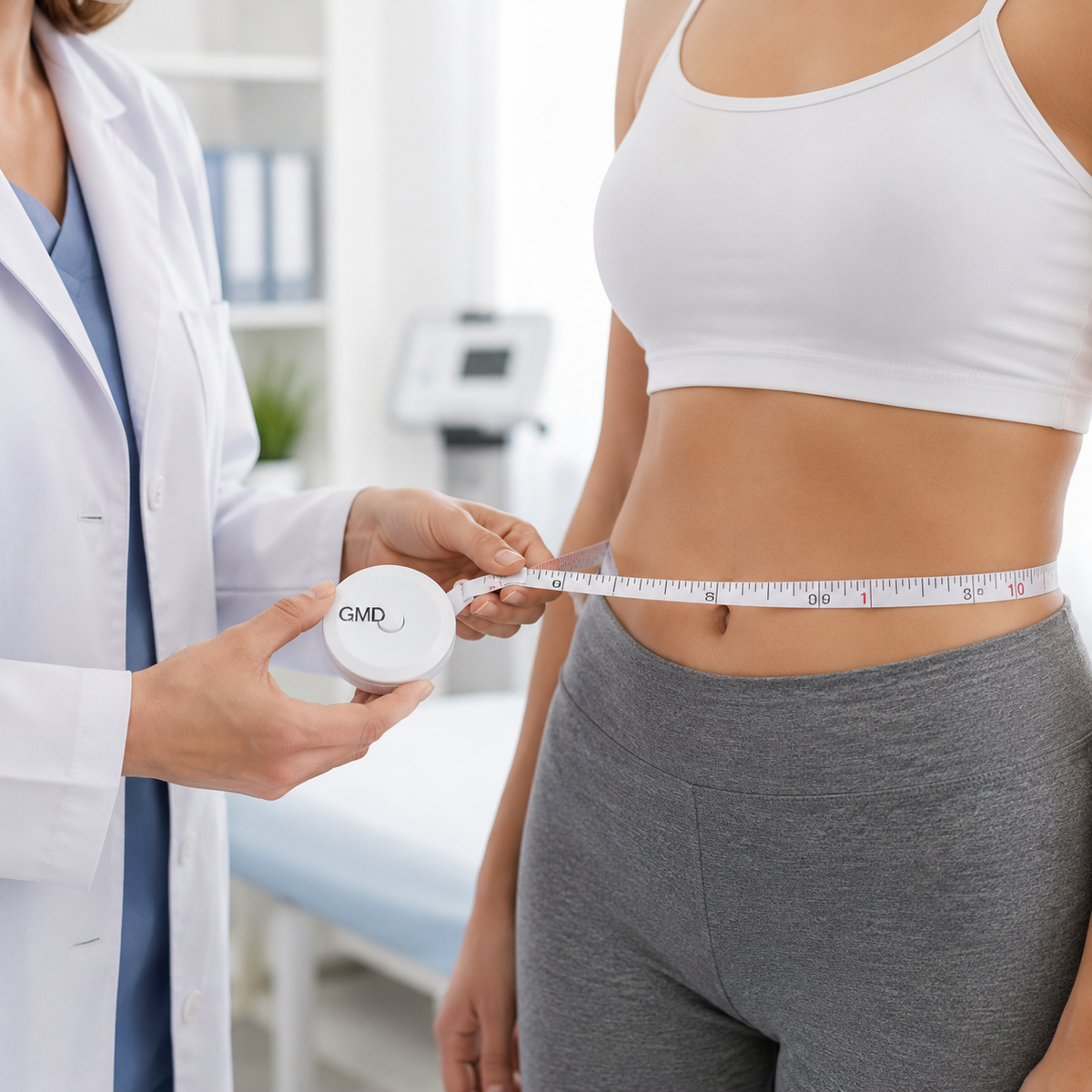 Persona utilizando la cinta métrica GMD clásica con gancho de acero para realizar una medición corporal.