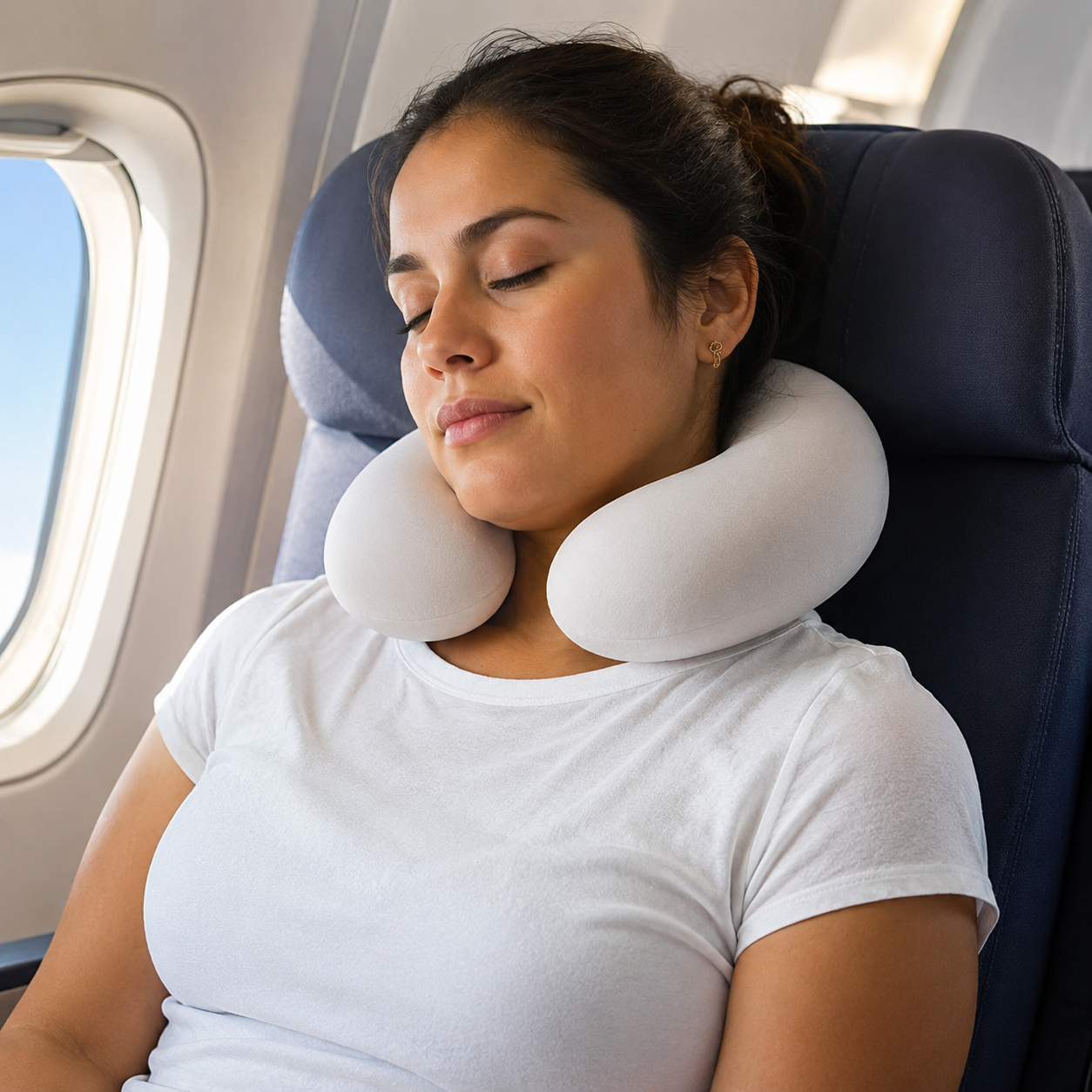 Persona utilizando cojín cervical Travel Relax Time 29x30 cm durante un viaje para brindar soporte ergonómico al cuello y mayor comodidad