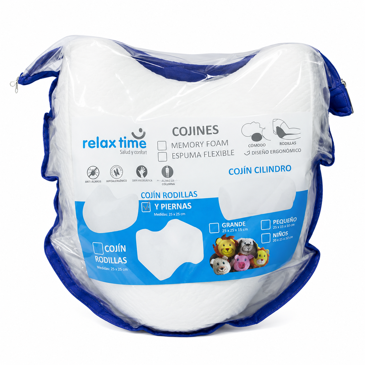 Cojín viscoelástico Relax Time 25x25 cm para soporte de rodillas y piernas.