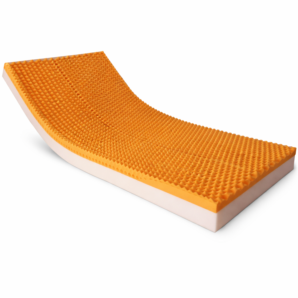 Colchón anatómico de espuma troquelada en color naranja, dimensiones 90x190 cm, marca Relax Time.