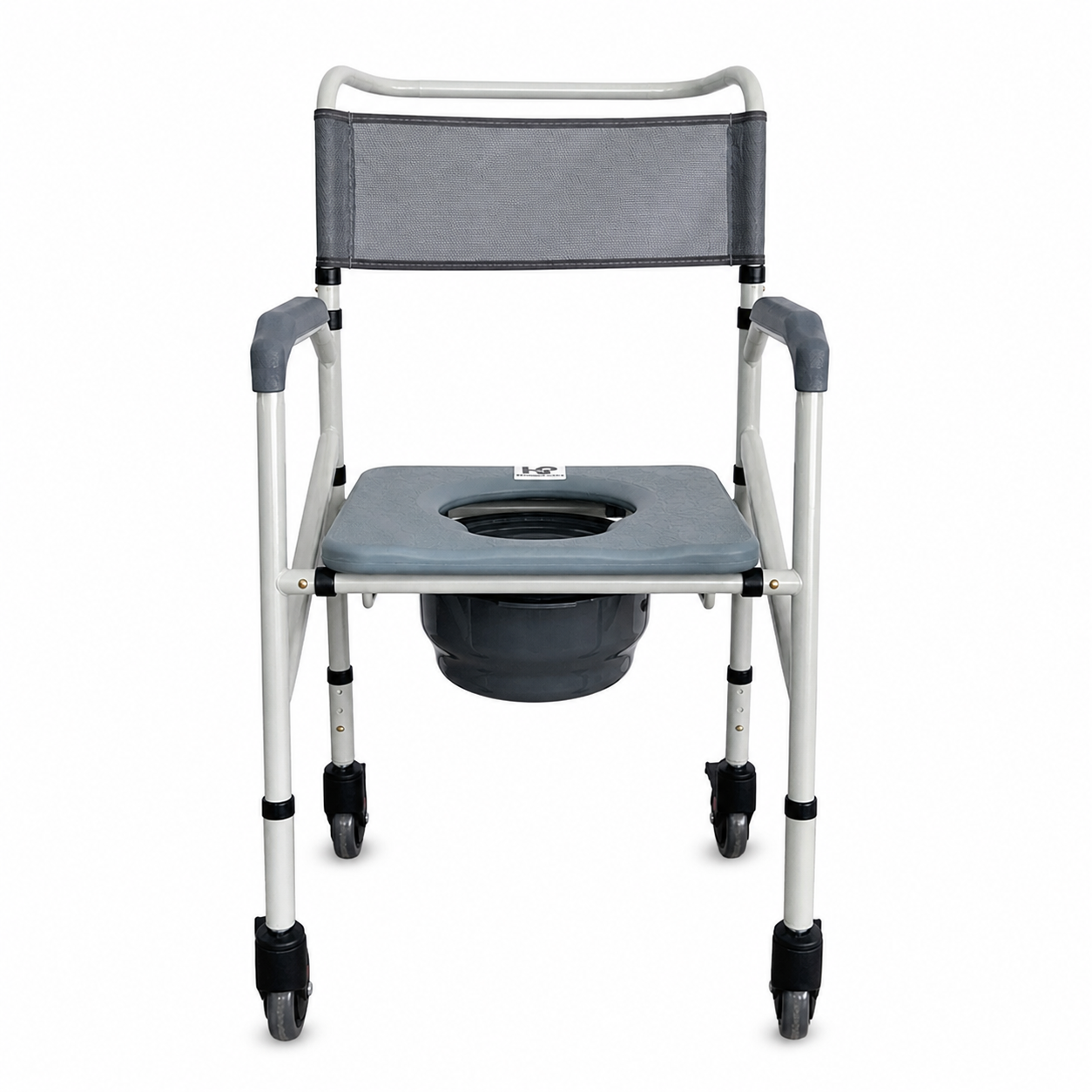 Cómodo sanitario plegable con ruedas 55x18.5x74 cm Konfort Basic en acero pintado vista frontal directa con asiento sanitario y recipiente