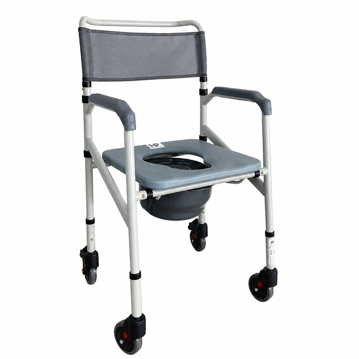 Cómodo sanitario plegable con ruedas Konfort Basic en acero pintado vista lateral con soporte y estabilidad