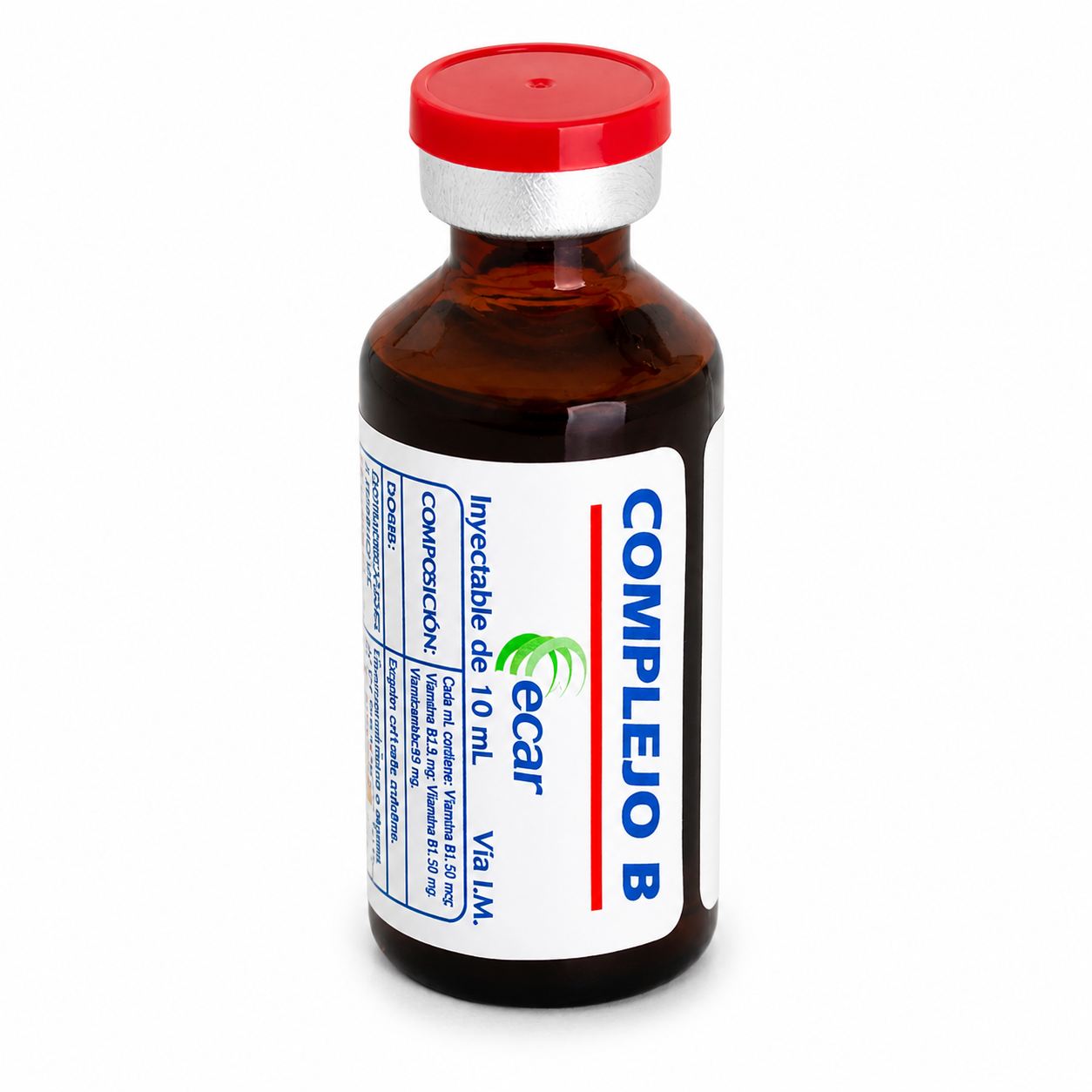 Frasco de Complejo B Inyectable 10 ml ECAR con vitaminas del complejo B para soporte energético y bienestar general.
