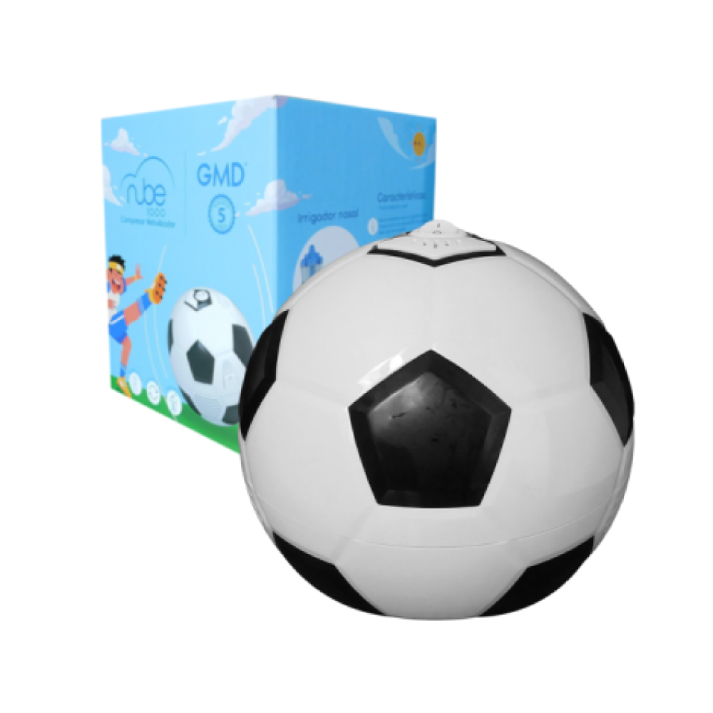 Compresor Nebulizador Nube 1000 Balón Fútbol GMRN-235 con accesorios para terapia respiratoria.