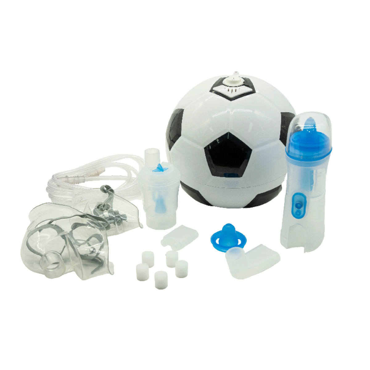 Compresor nebulizador Nube 1000 balón fútbol GMRN-235 para terapia respiratoria con diseño pediátrico y uso domiciliario