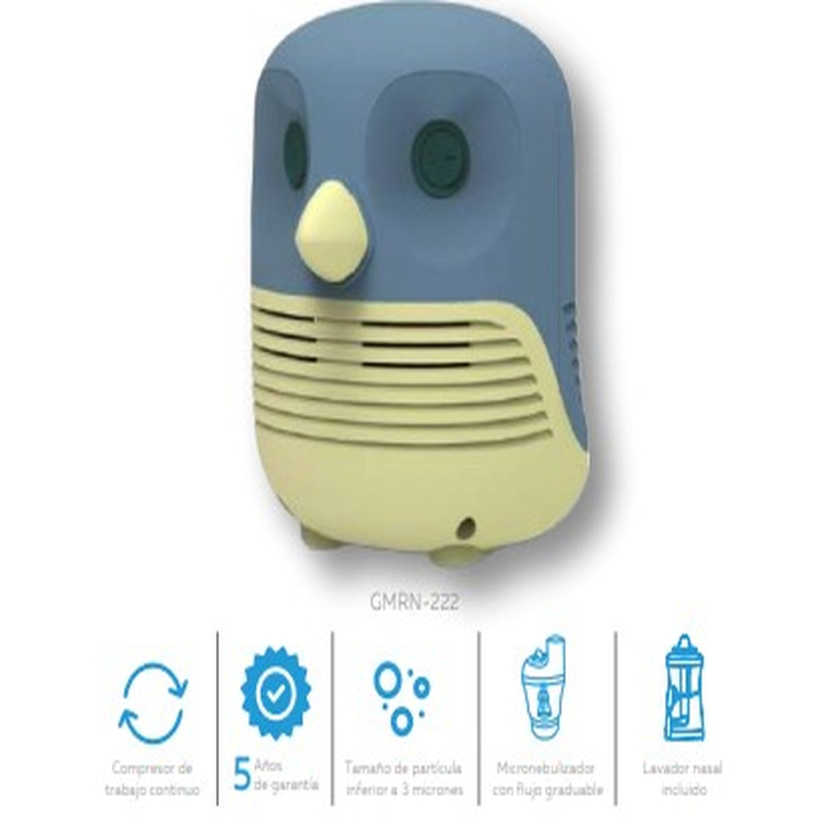 Compresor nebulizador Nube 1000 de Búho GMRN-222, dispositivo electromédico pediátrico, color blanco, con micronebulizador y accesorios.