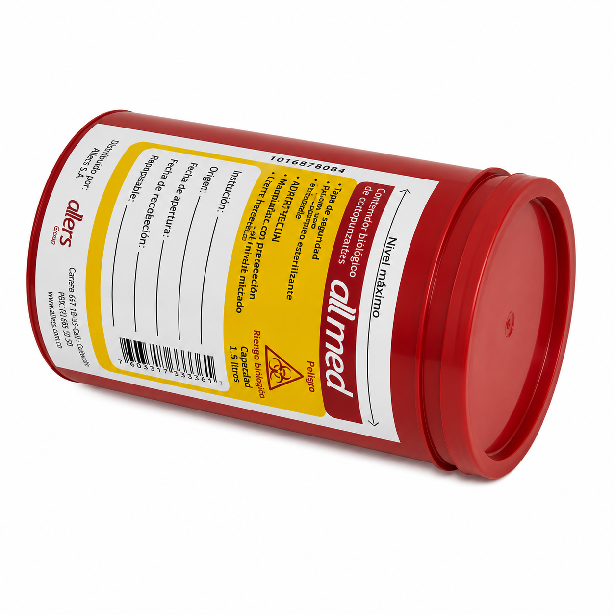 Contenedor biológico médico Allmed 1.5 litros para la recolección y manejo de residuos peligrosos hospitalarios.
