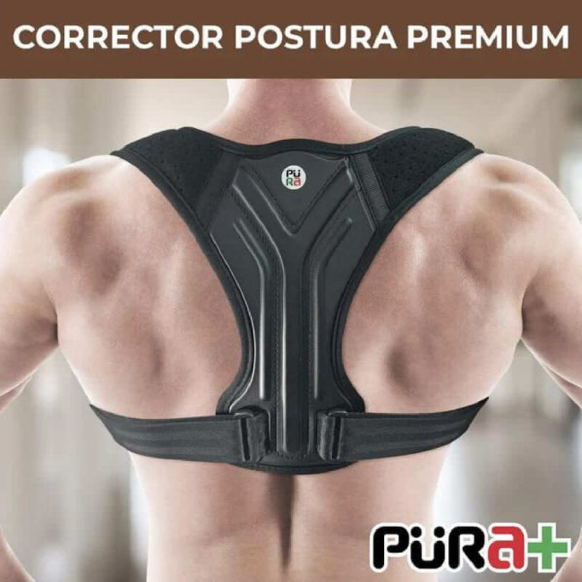 Corrector Postura Premiun Pura+ en color negro, material sintético, tamaño S-M, diseñado para corregir la postura y alinear la columna.