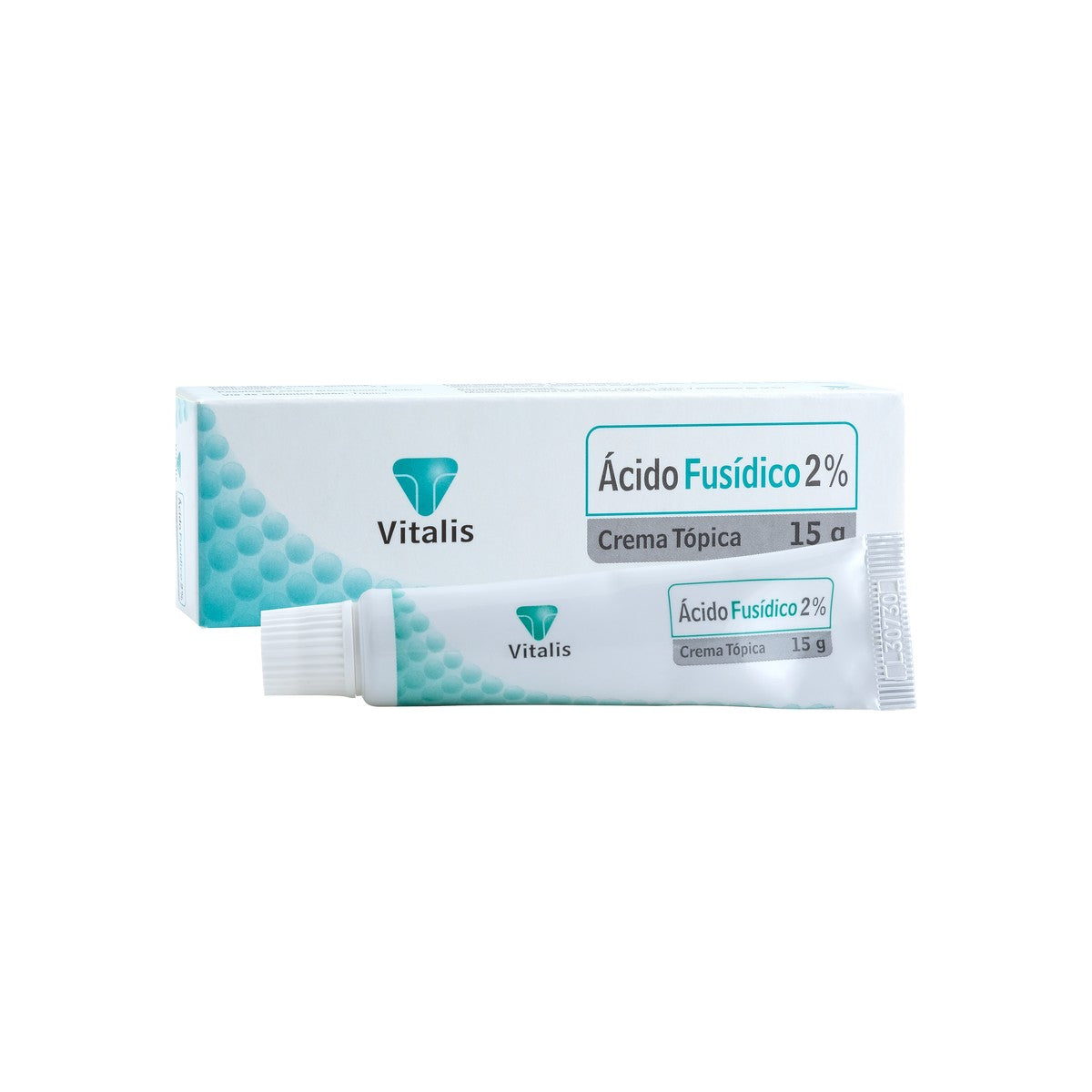 Crema antibacteriana Acido Fusidico 2% Vitalis en tubo de 15g, con textura suave y color blanco, sobre fondo blanco.