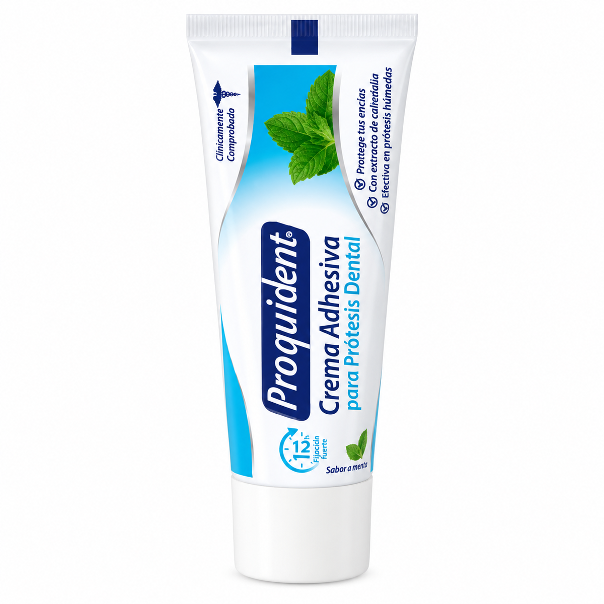 Crema adhesiva para prótesis dental Proquident sabor menta, presentación de 40 g, diseñada para brindar fijación y comodidad durante el uso.