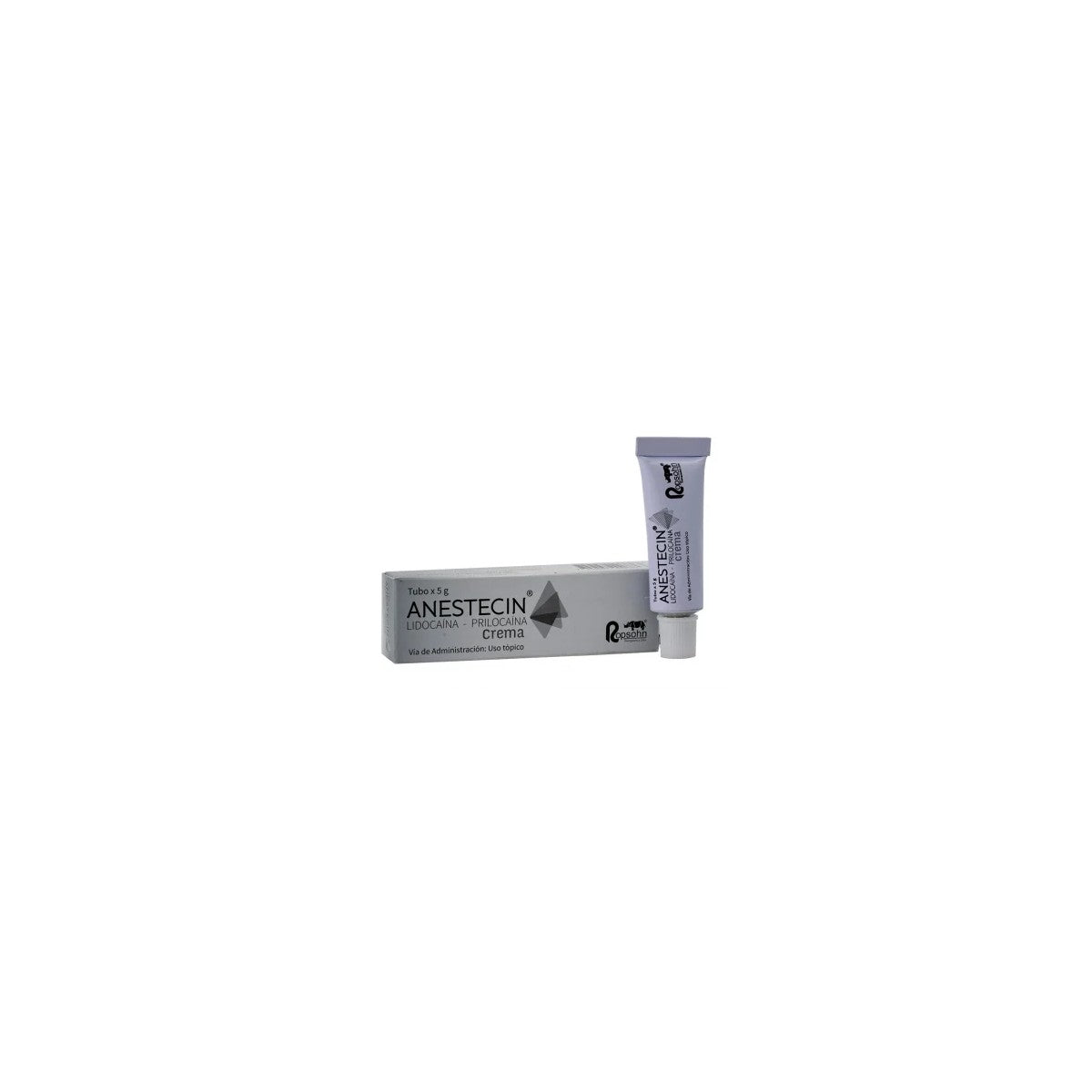 Anestecin Crema Analgésica 5g, tubo blanco con tapa azul, textura suave, indicado para alivio rápido del dolor.