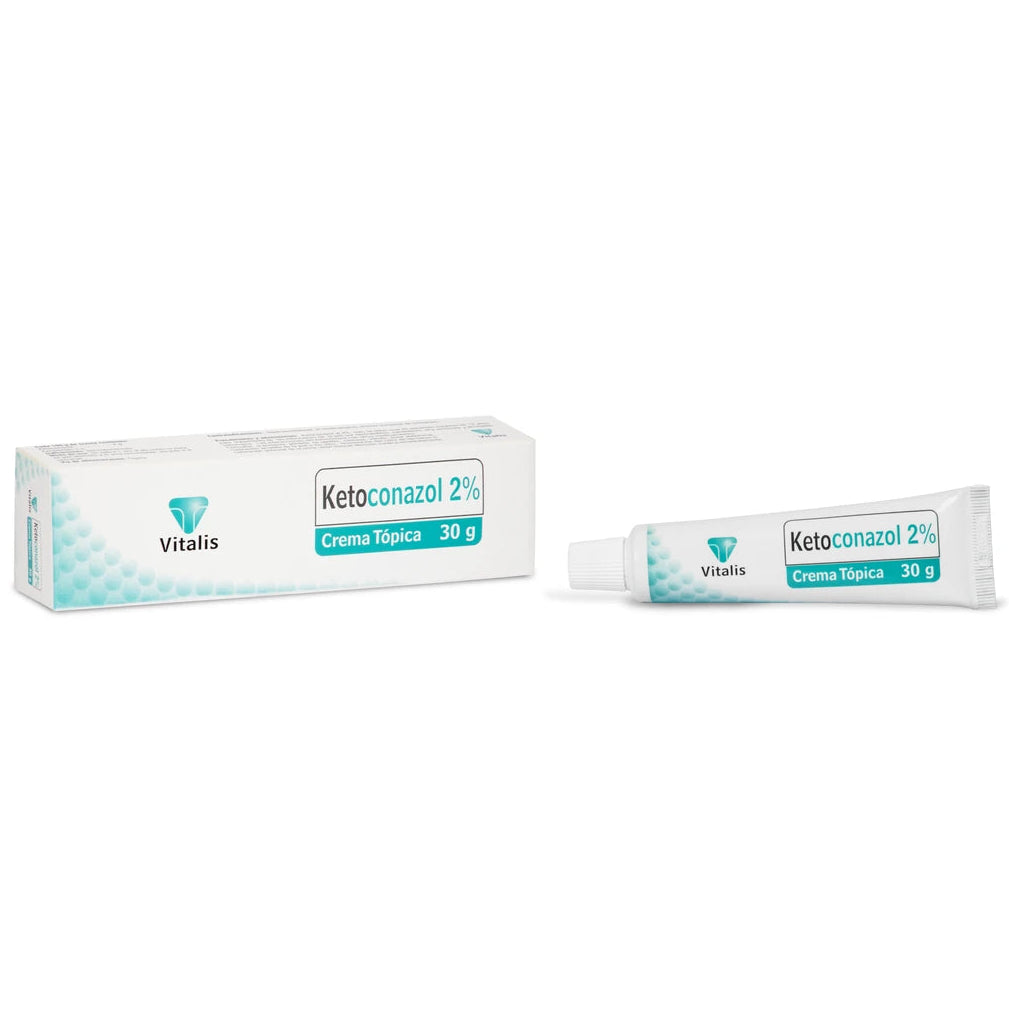 Crema antifúngica KETOCONAZOL 2% de VITALIS, tubo de 30g, color blanco con detalles en azul, textura suave y cremosa.