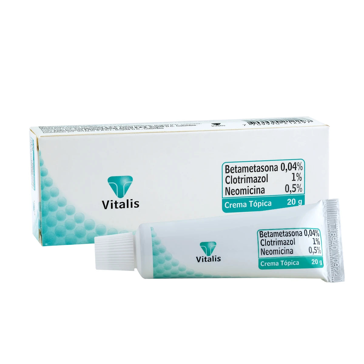 Crema antiinflamatoria Vitalis de 20g, con clotrimazol y neomicina, en tubo blanco con tapa azul, sobre fondo blanco.