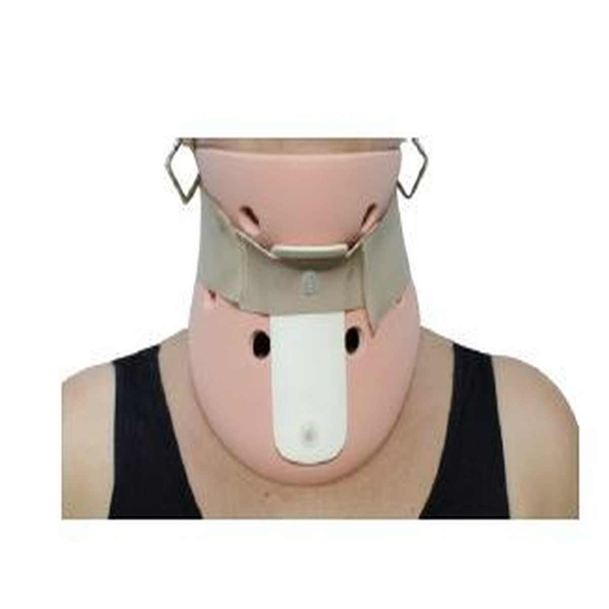 Collar Philadelphia sin orificio, talla M, fabricado en lámina micro celular, con correas de cuerina y velcro, color blanco.