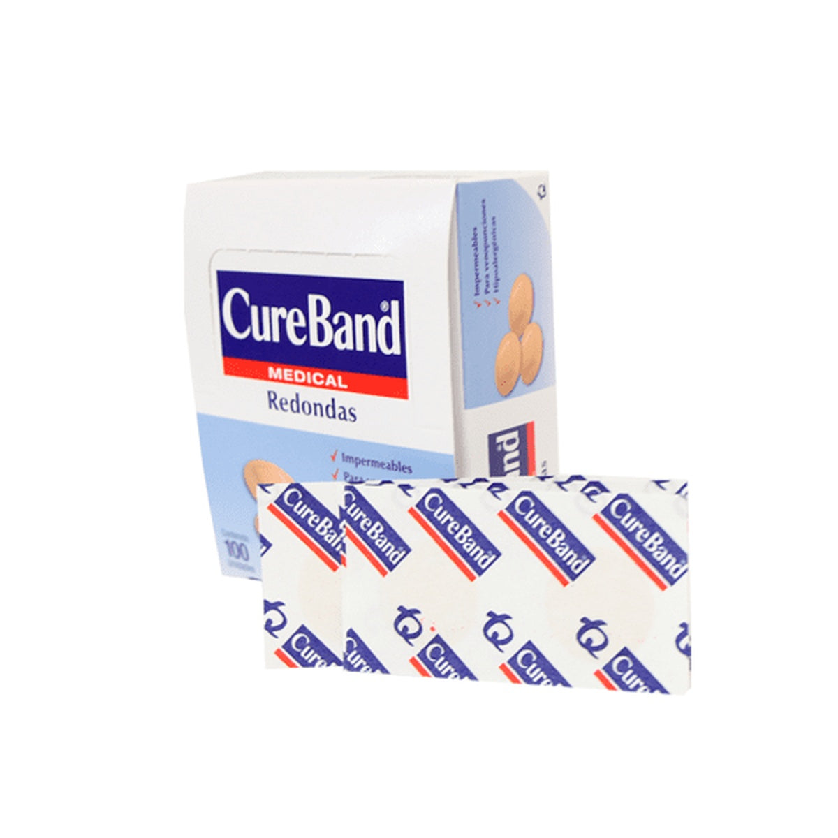 Cura redonda adulto CureBand Premium Spot, apósito adhesivo hipoalergénico, microperforado, con cojín de gasa antiadherente, en empaque de 100 unidades.