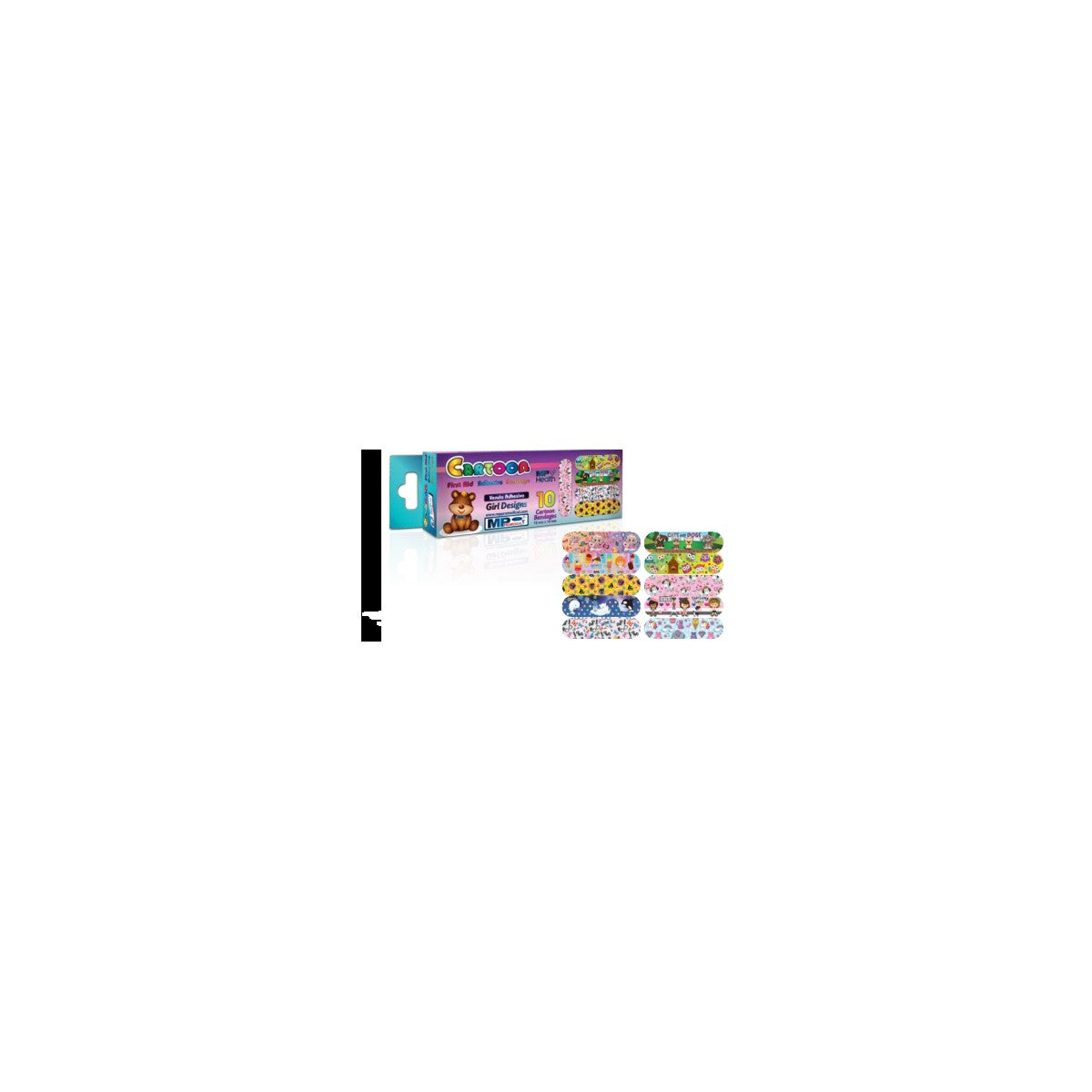 Venda plástica adhesiva de uso libre, con diseño "Cartoon" para niños, compuesta por soporte microperforado y apósito hipoalergénico.