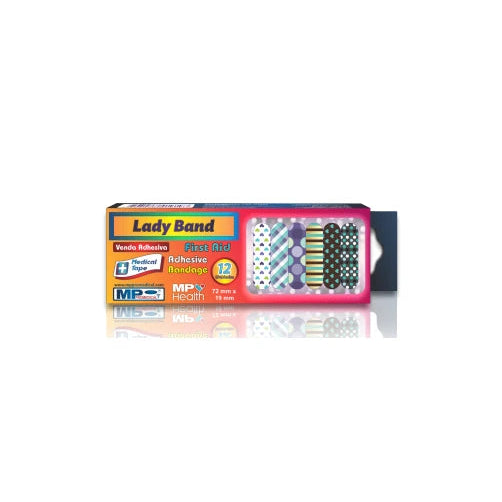 Curas adhesivas Lady Band CJA, cinta médica de 12 unidades, color blanco, con adhesivo hipoalergénico y diseño flexible.