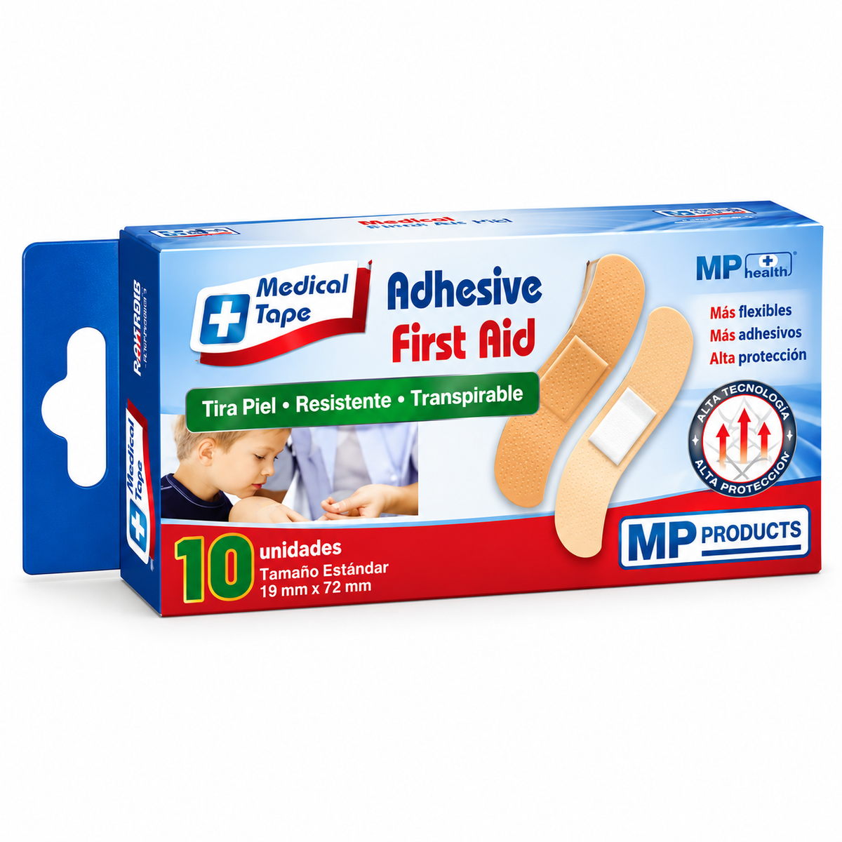 Curas adhesivas en tira color piel Medical Tape, caja de 10 unidades para protección y cuidado de heridas menores.